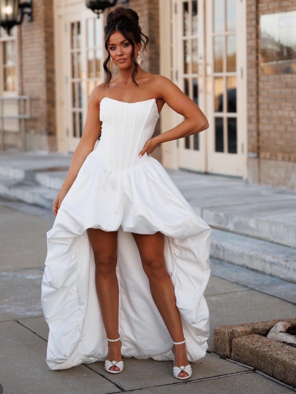 Corseted Strapless High-Low Wedding Dress in White